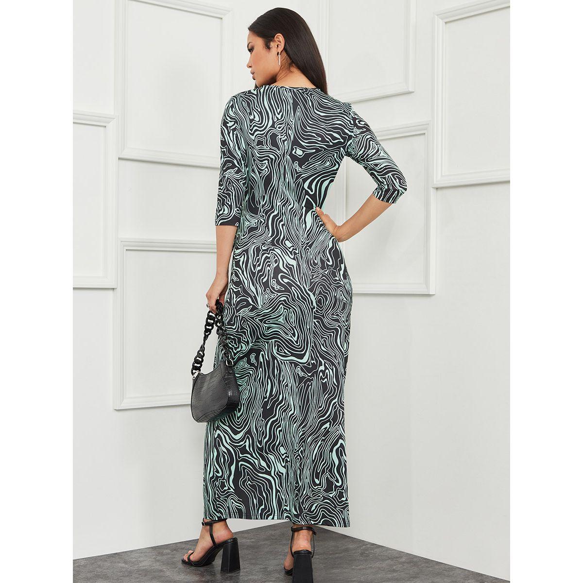 Styli 3/4 Sleeves Marble Print Maxi Dress with Ruched Detail-women-clothing-dresses-image-4