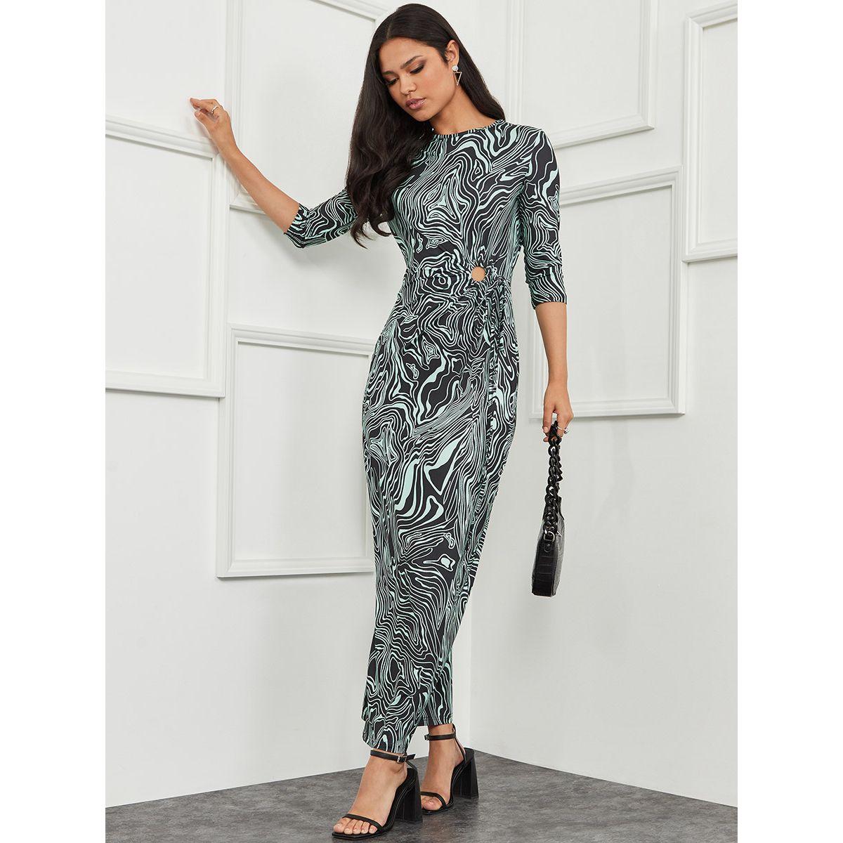 Styli 3/4 Sleeves Marble Print Maxi Dress with Ruched Detail-women-clothing-dresses-image-5
