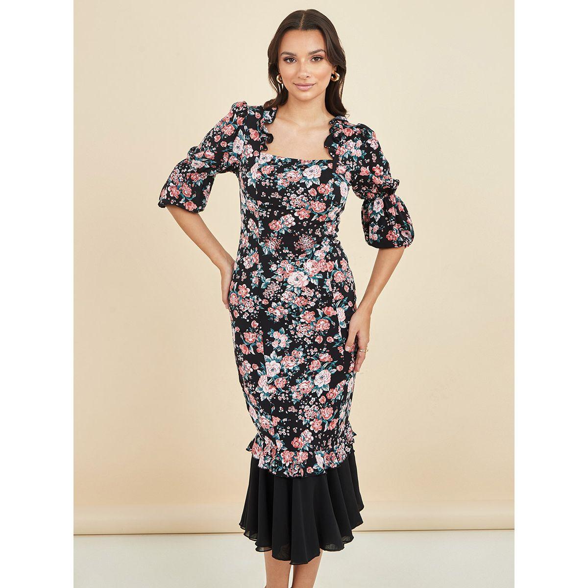 Styli 3/4 Sleeves Floral Print Square Neck Bodycon Midi Dress-women-clothing-dresses-image-2