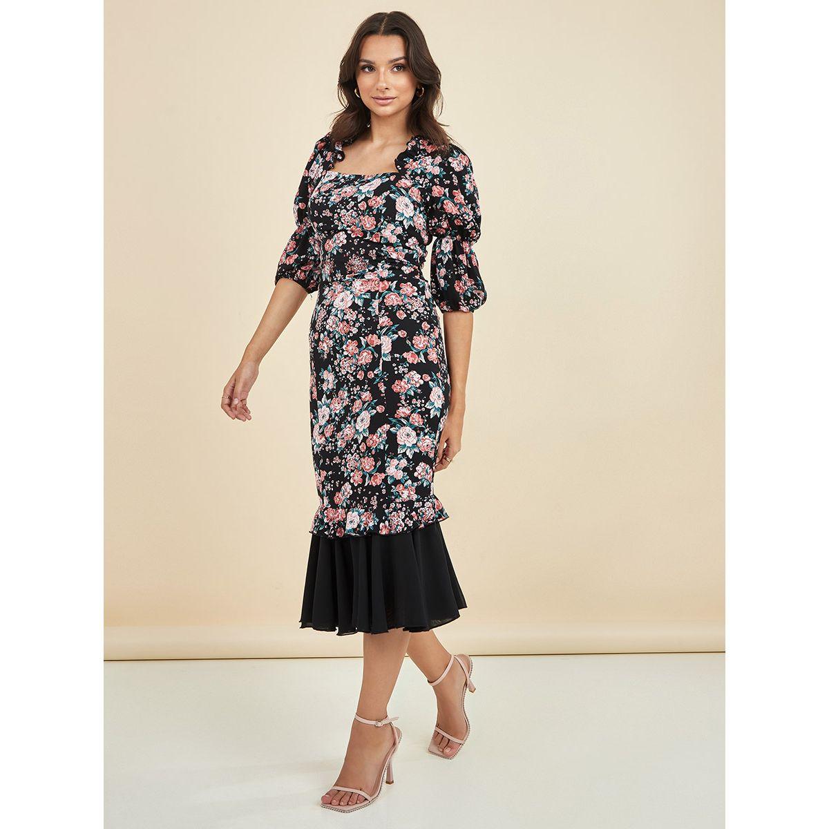 Styli 3/4 Sleeves Floral Print Square Neck Bodycon Midi Dress-women-clothing-dresses-image-3