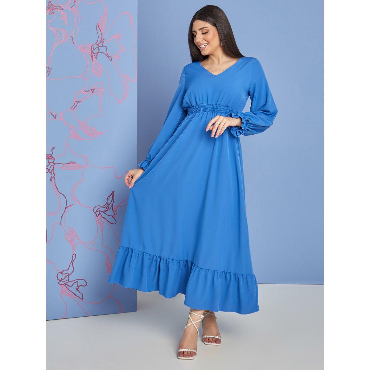 Styli Frill Cuff Long Sleeves V Neck A-Line Maxi Dress-women-clothing-dresses-image-1
