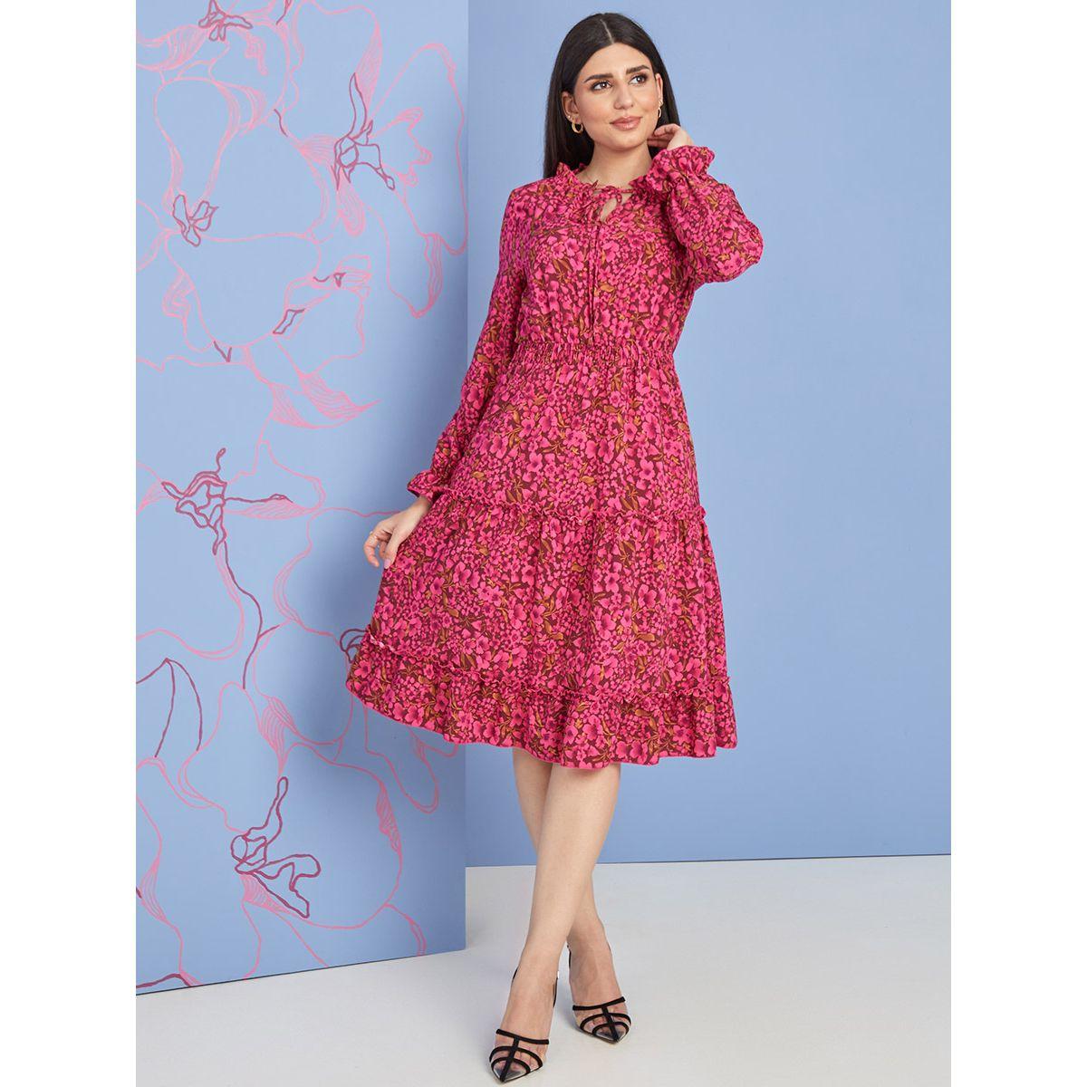 Styli Frill Cuff Long Sleeves Floral Print Tiered Knee Length Dress-women-clothing-dresses-image-1