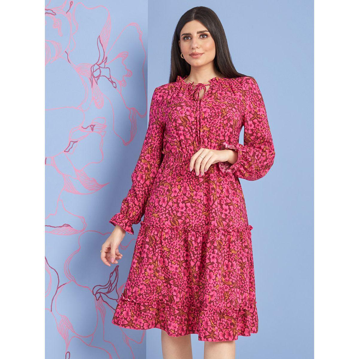 Styli Frill Cuff Long Sleeves Floral Print Tiered Knee Length Dress-women-clothing-dresses-image-2