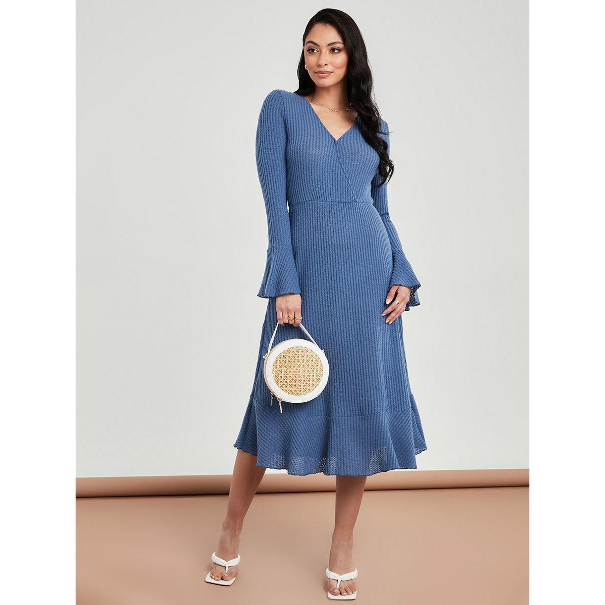 Styli Long Sleeves V Neck Ribbed A-Line Midi Dress-women-clothing-dresses-image-1