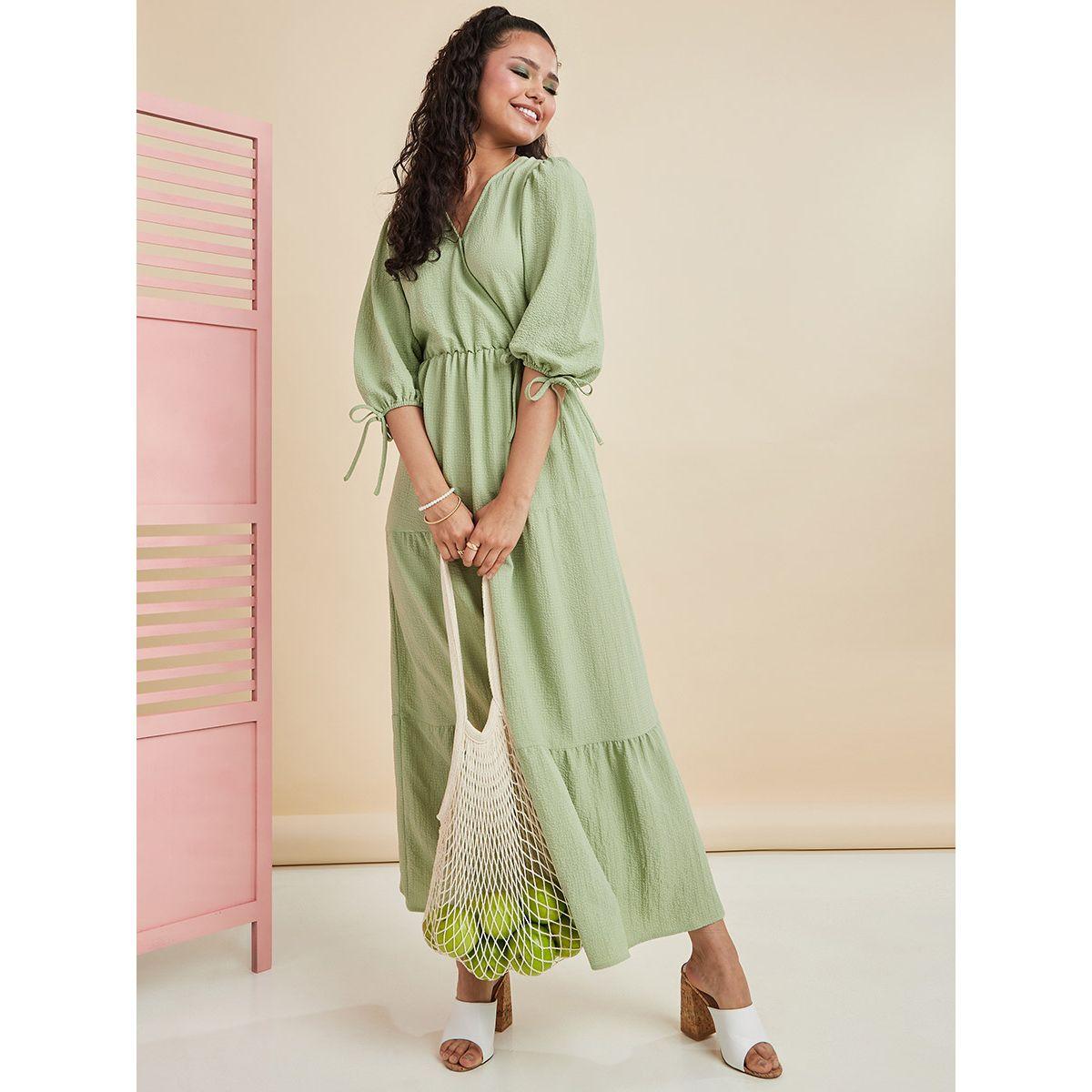 Styli 3/4 Sleeves V Neck Plain Tiered Maxi Dress-women-clothing-dresses-image-1