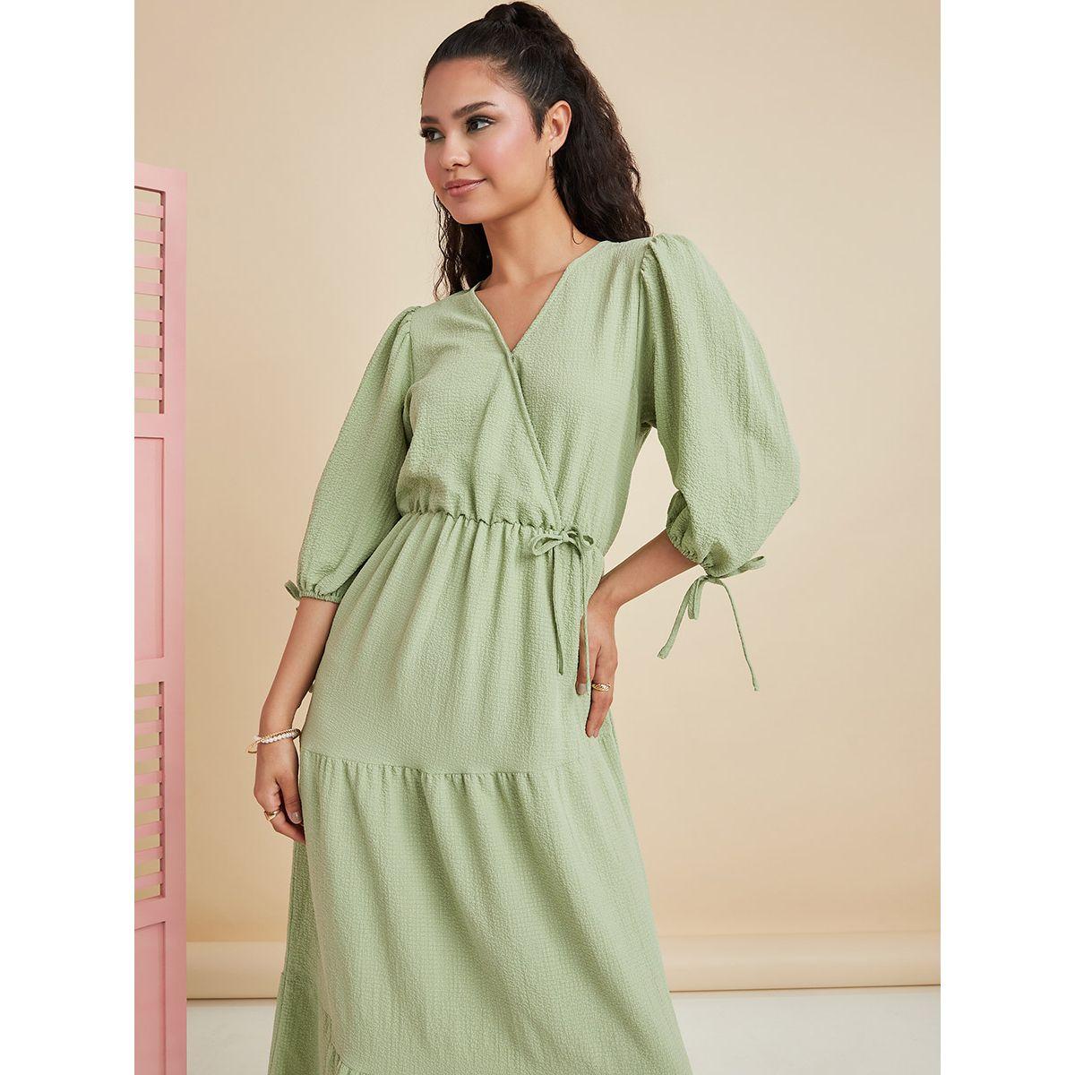 Styli 3/4 Sleeves V Neck Plain Tiered Maxi Dress-women-clothing-dresses-image-2