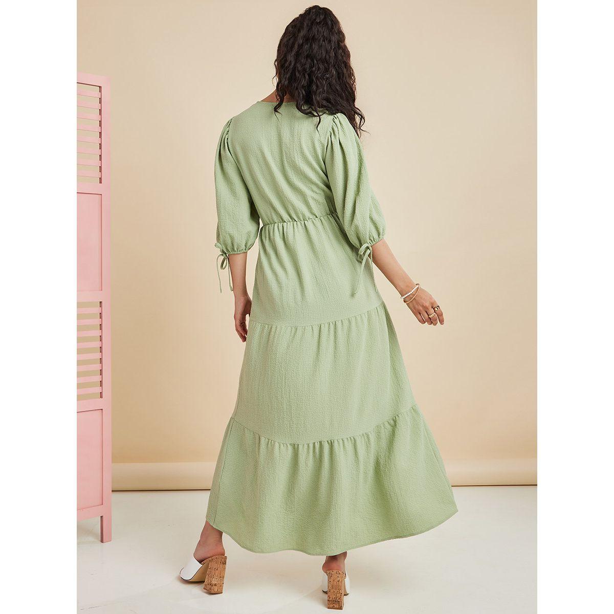 Styli 3/4 Sleeves V Neck Plain Tiered Maxi Dress-women-clothing-dresses-image-4