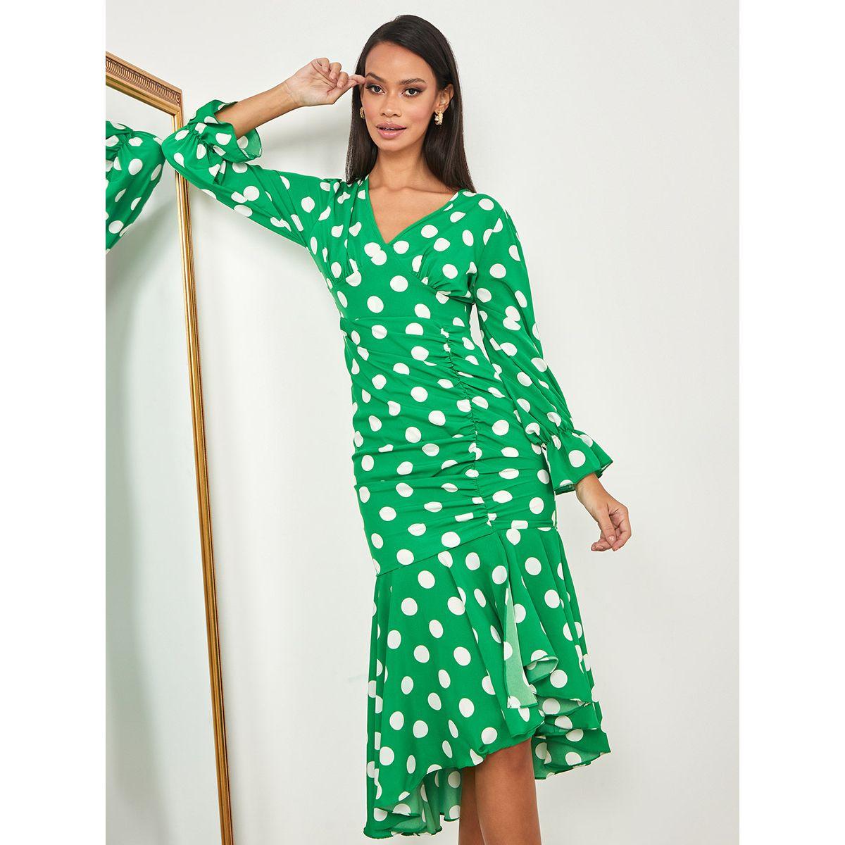 Styli Long Sleeves V Neck Polka Dot Print A-Line Midi Dress-women-clothing-dresses-image-1