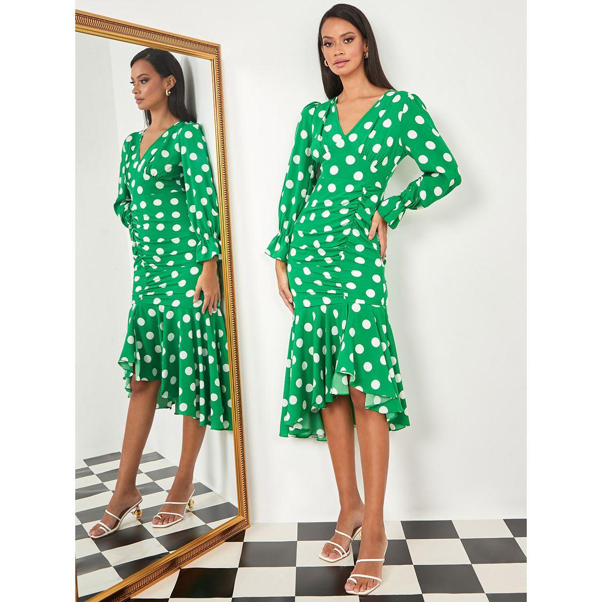 Styli Long Sleeves V Neck Polka Dot Print A-Line Midi Dress-women-clothing-dresses-image-2