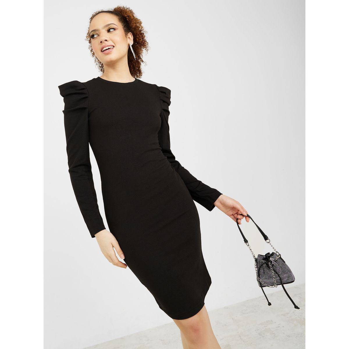 Styli Long Sleeves High Neck Plain Bodycon Knee Length Dress-women-clothing-dresses-image-1
