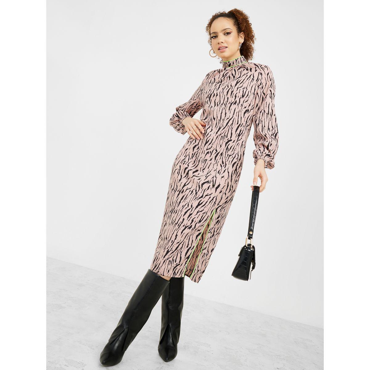 Styli Long Sleeves Animal Print A-Line Midi Dress with Slit Detail-women-clothing-dresses-image-2