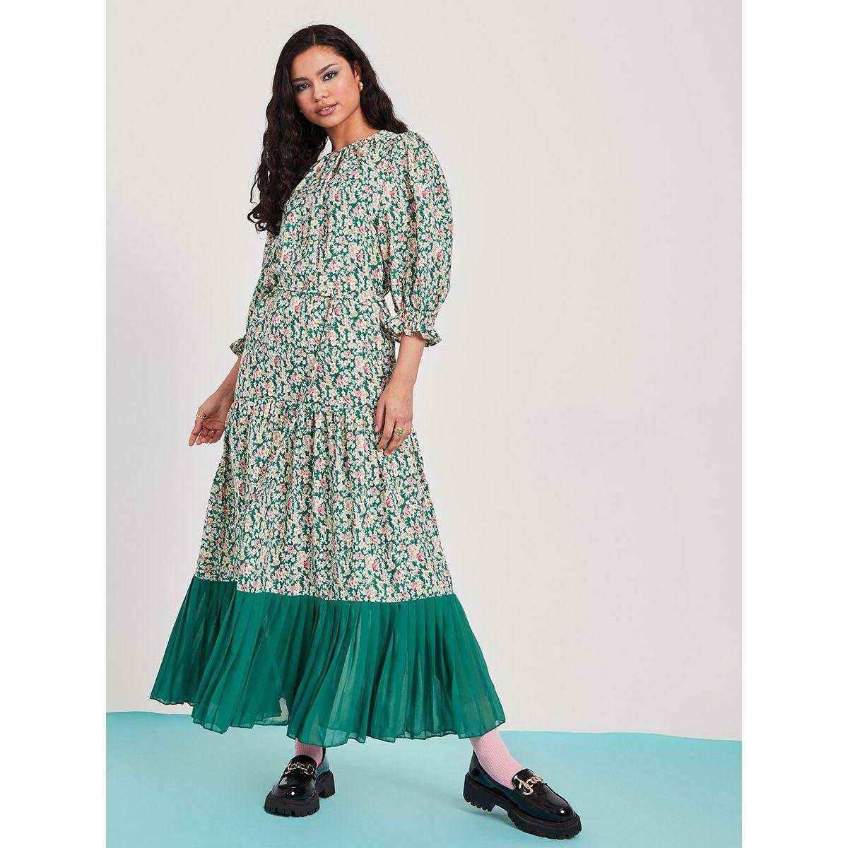 Styli 3/4 Cuffed Sleeves Floral Print A-Line Maxi Dress with Pleated Hem-women-clothing-dresses-image-1