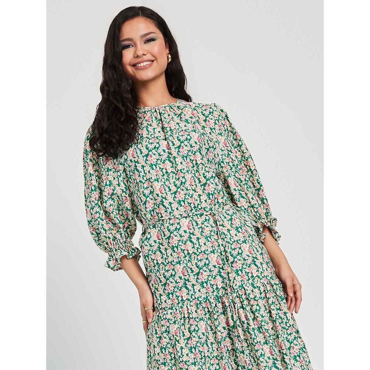 Styli 3/4 Cuffed Sleeves Floral Print A-Line Maxi Dress with Pleated Hem-women-clothing-dresses-image-2