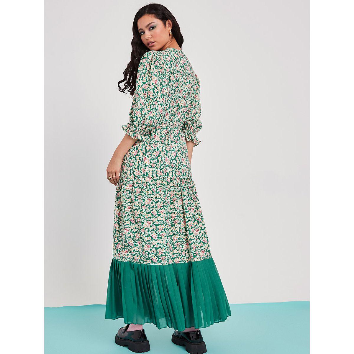 Styli 3/4 Cuffed Sleeves Floral Print A-Line Maxi Dress with Pleated Hem-women-clothing-dresses-image-4