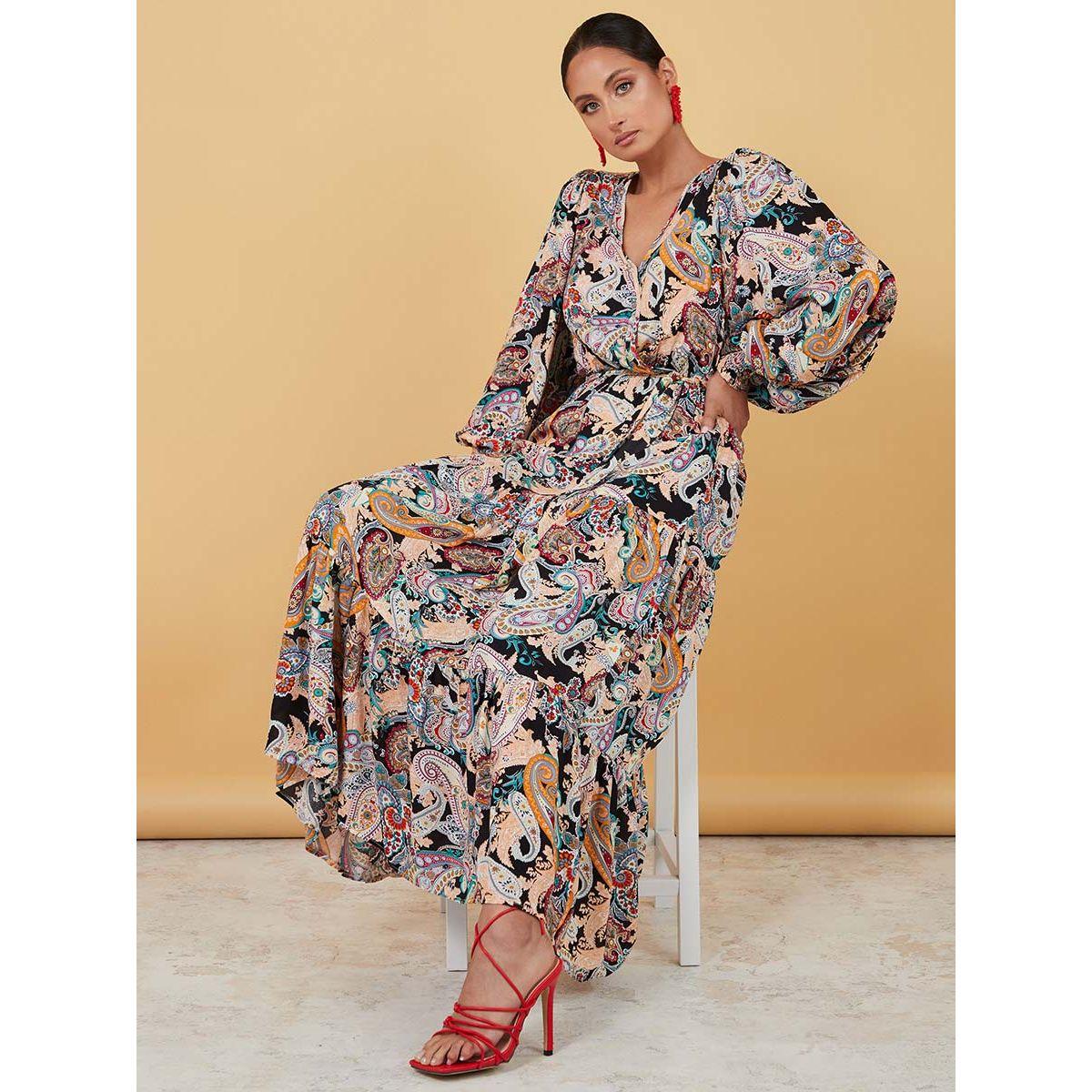 Styli Long Volume Sleeves Paisley Print Wrap Front Maxi Dress-women-clothing-dresses-image-1