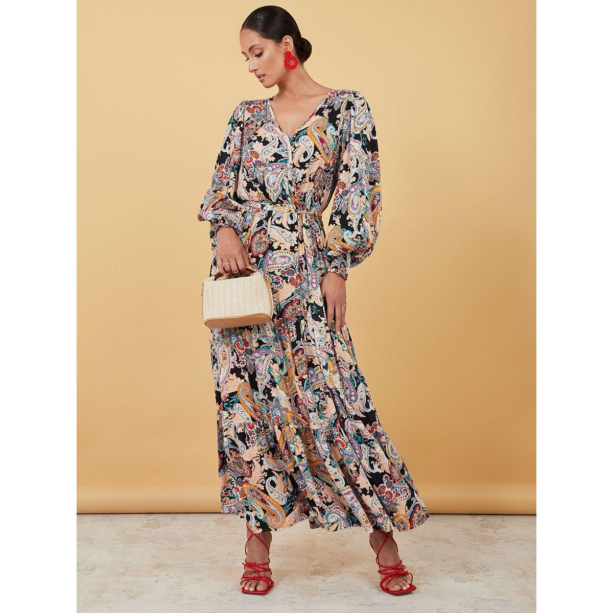 Styli Long Volume Sleeves Paisley Print Wrap Front Maxi Dress-women-clothing-dresses-image-2