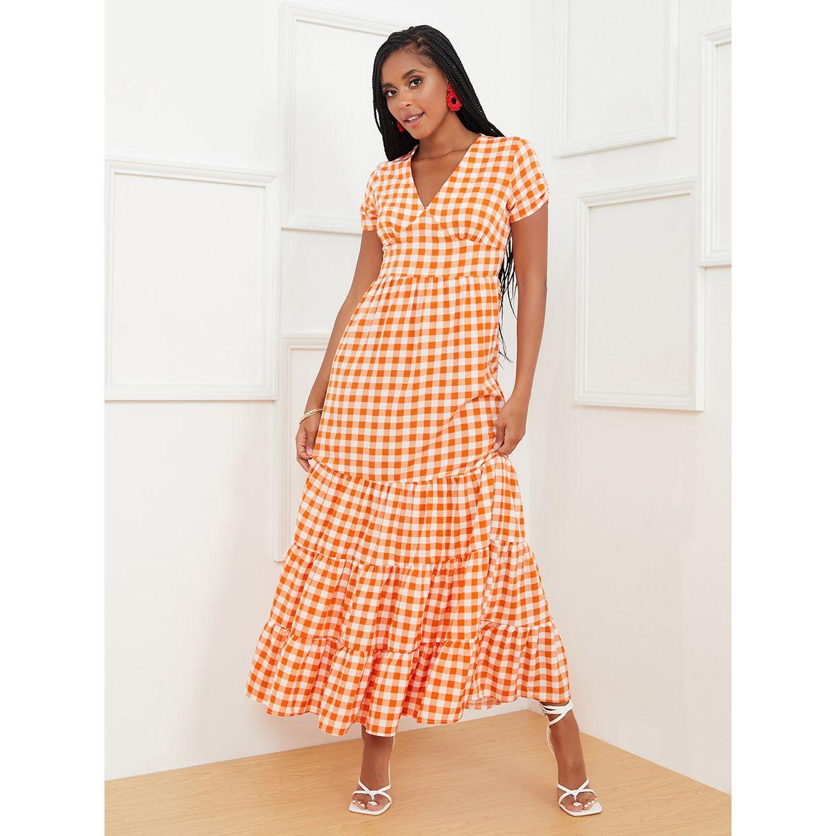 Styli Short Sleeves Gingham Check Tiered Maxi Dress-women-clothing-dresses-image-1