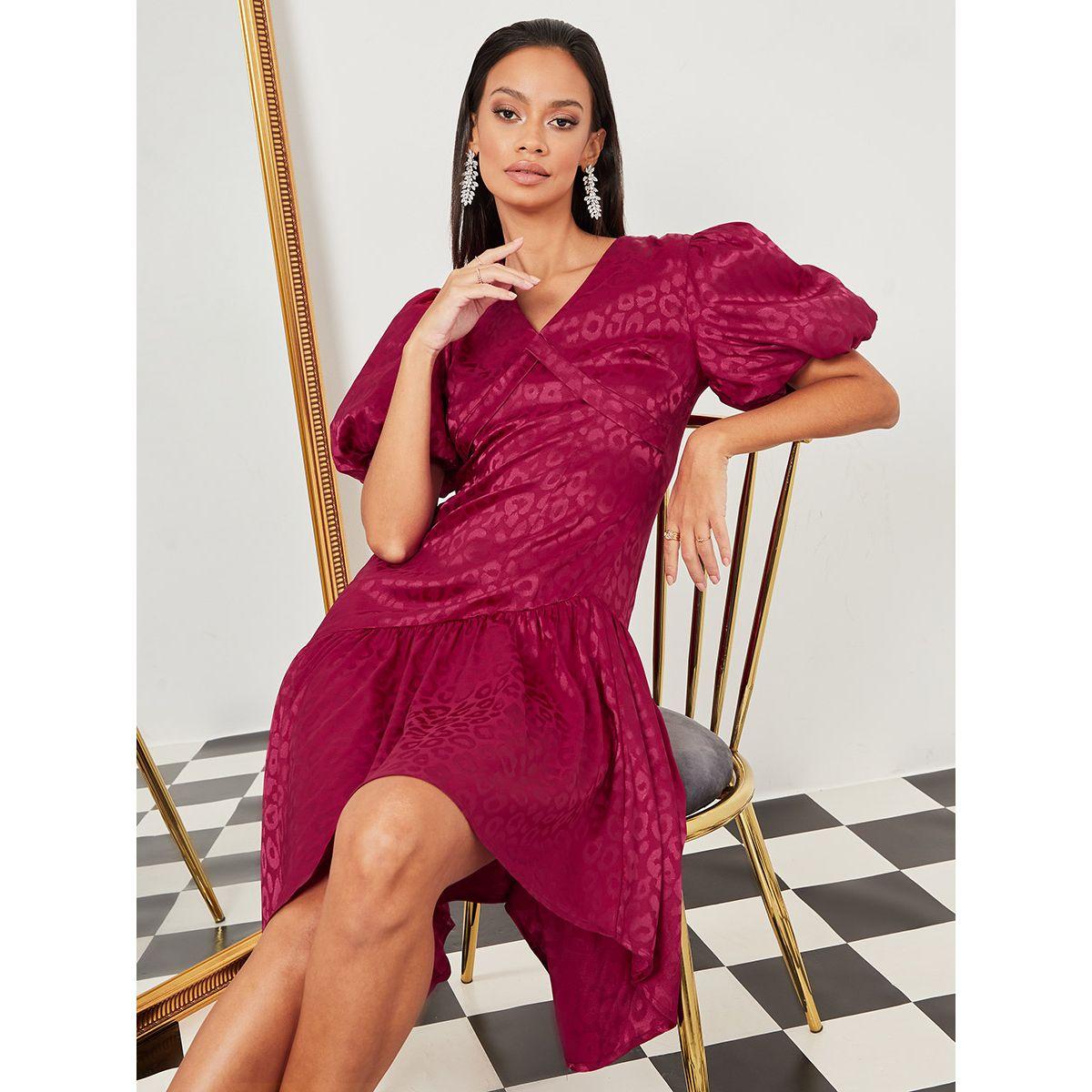 Styli Short Volume Sleeves Jacquard A-Line Midi Dress-women-clothing-dresses-image-1
