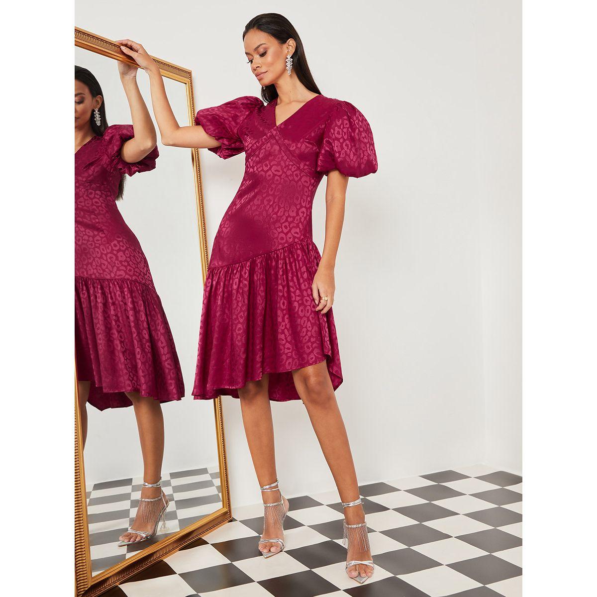Styli Short Volume Sleeves Jacquard A-Line Midi Dress-women-clothing-dresses-image-2