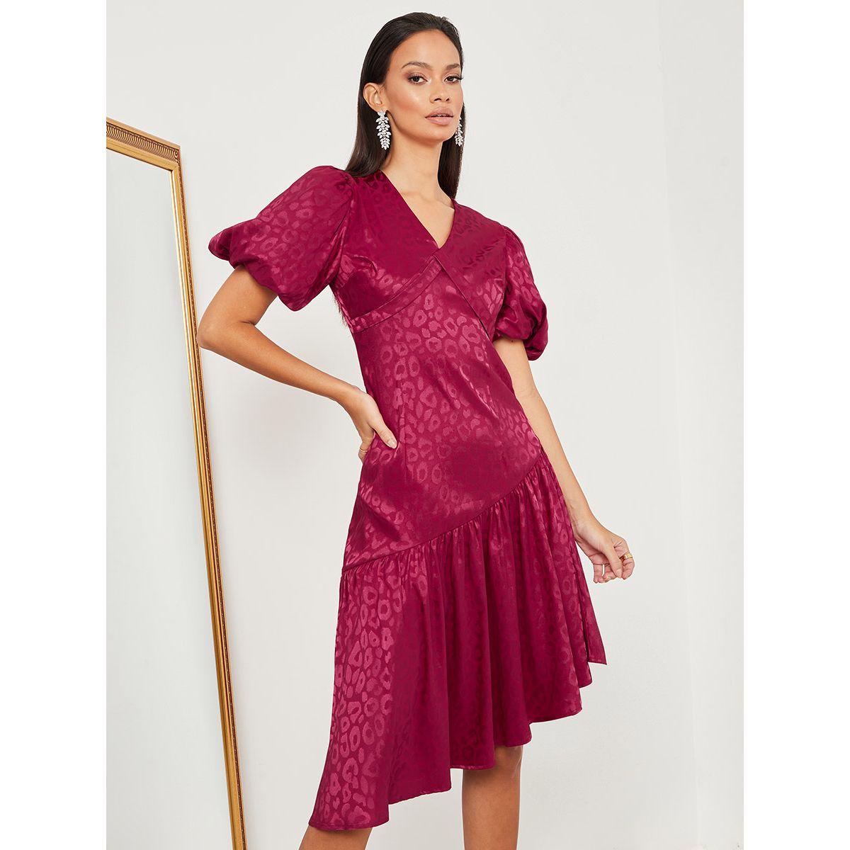 Styli Short Volume Sleeves Jacquard A-Line Midi Dress-women-clothing-dresses-image-3