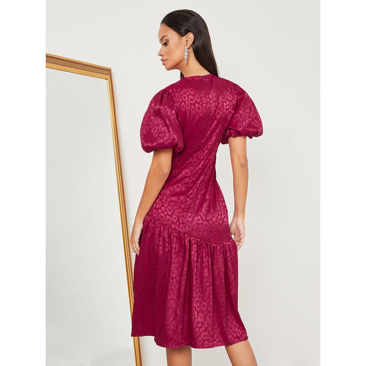 Styli Short Volume Sleeves Jacquard A-Line Midi Dress-women-clothing-dresses-image-5
