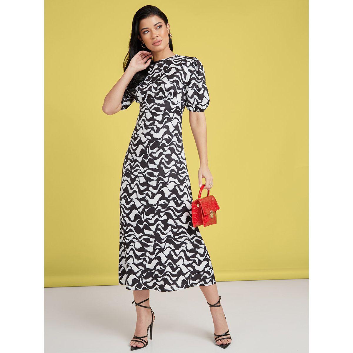 Styli Cuffed Sleeves Abstract Print A-Line Midi Dress-women-clothing-dresses-image-1