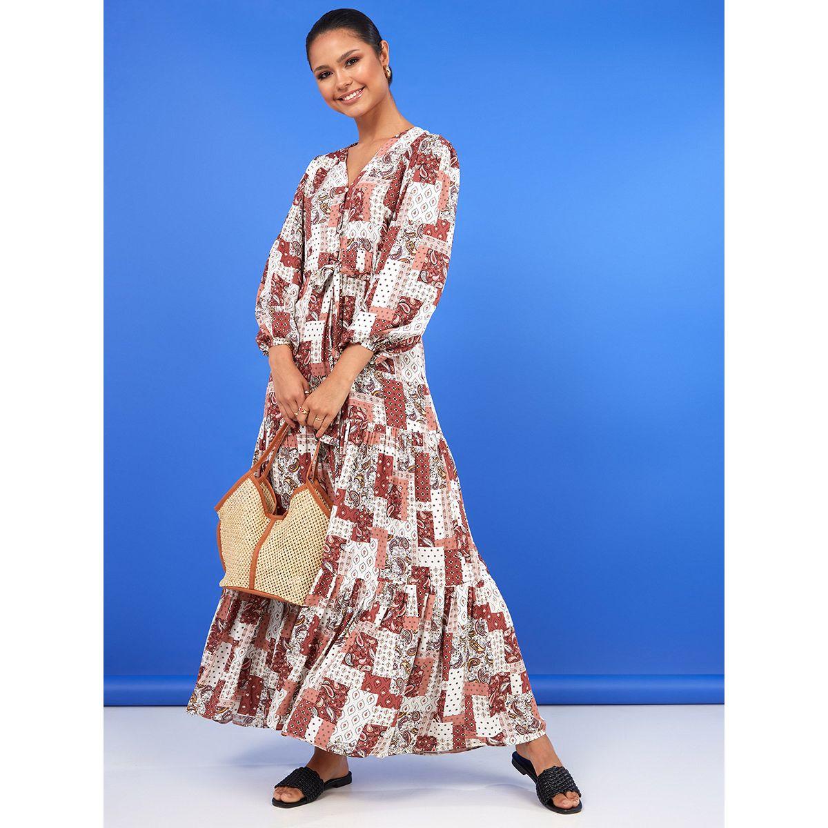 Styli 3/4 Volume Sleeves Paisley Print A-Line Maxi Dress-women-clothing-dresses-image-2