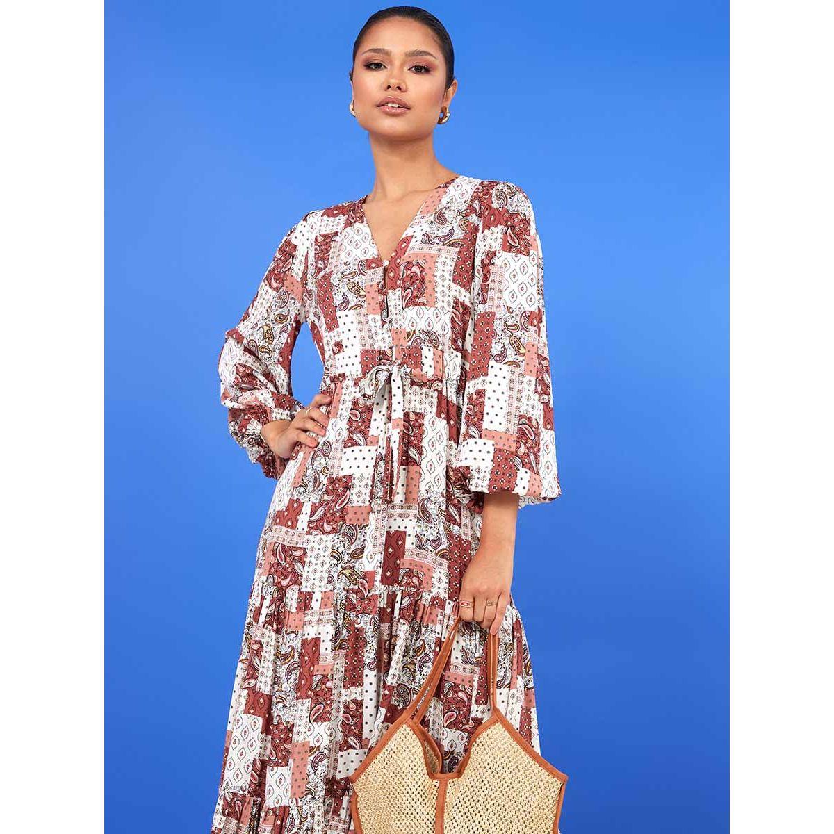 Styli 3/4 Volume Sleeves Paisley Print A-Line Maxi Dress-women-clothing-dresses-image-3