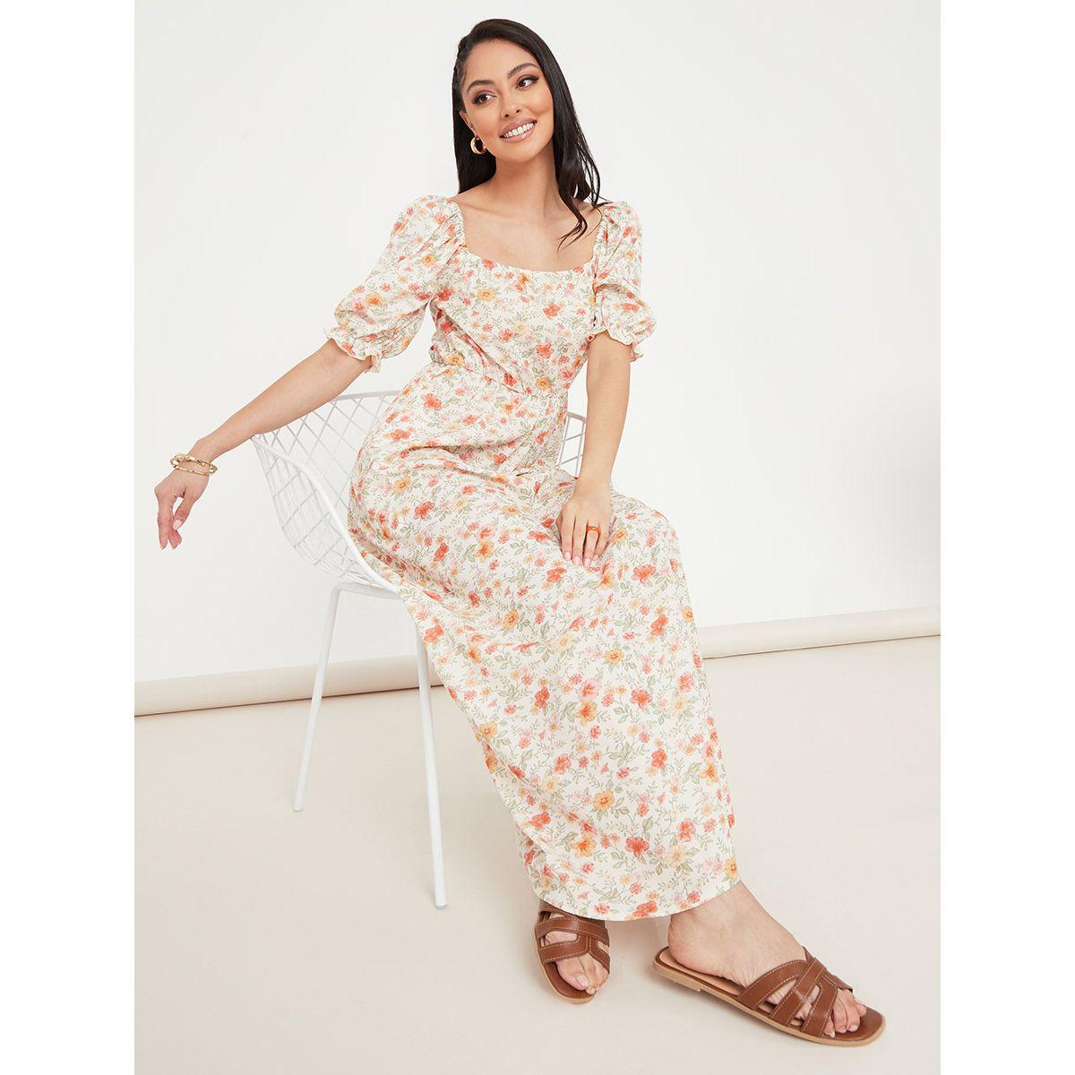 Styli Puff Sleeves Floral Print A-Line Maxi Dress with Slip Pocket-women-clothing-dresses-image-1