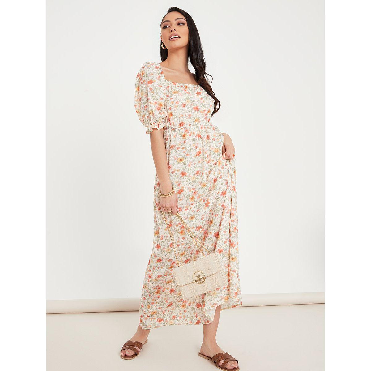 Styli Puff Sleeves Floral Print A-Line Maxi Dress with Slip Pocket-women-clothing-dresses-image-2