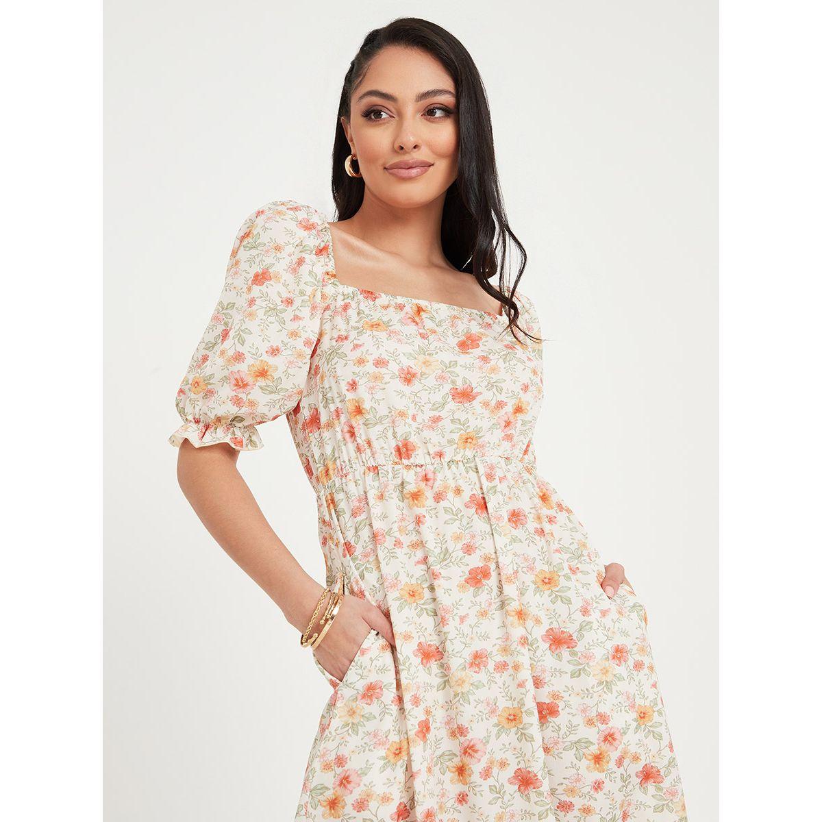 Styli Puff Sleeves Floral Print A-Line Maxi Dress with Slip Pocket-women-clothing-dresses-image-3