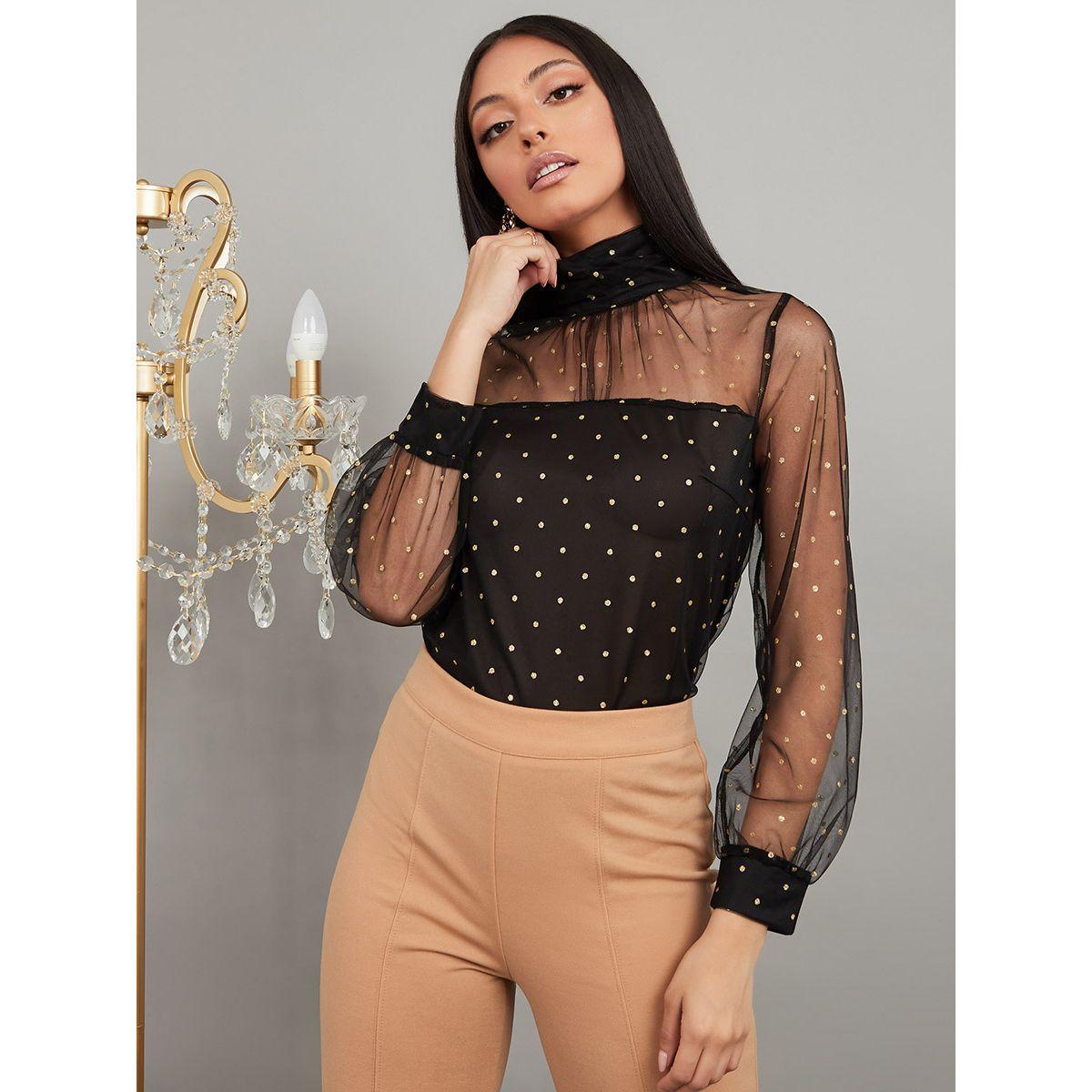 Styli Embellished High Neck Mesh Long Sleeves Knit Top-women-clothing-shirtsandblouses-blouses-image-1