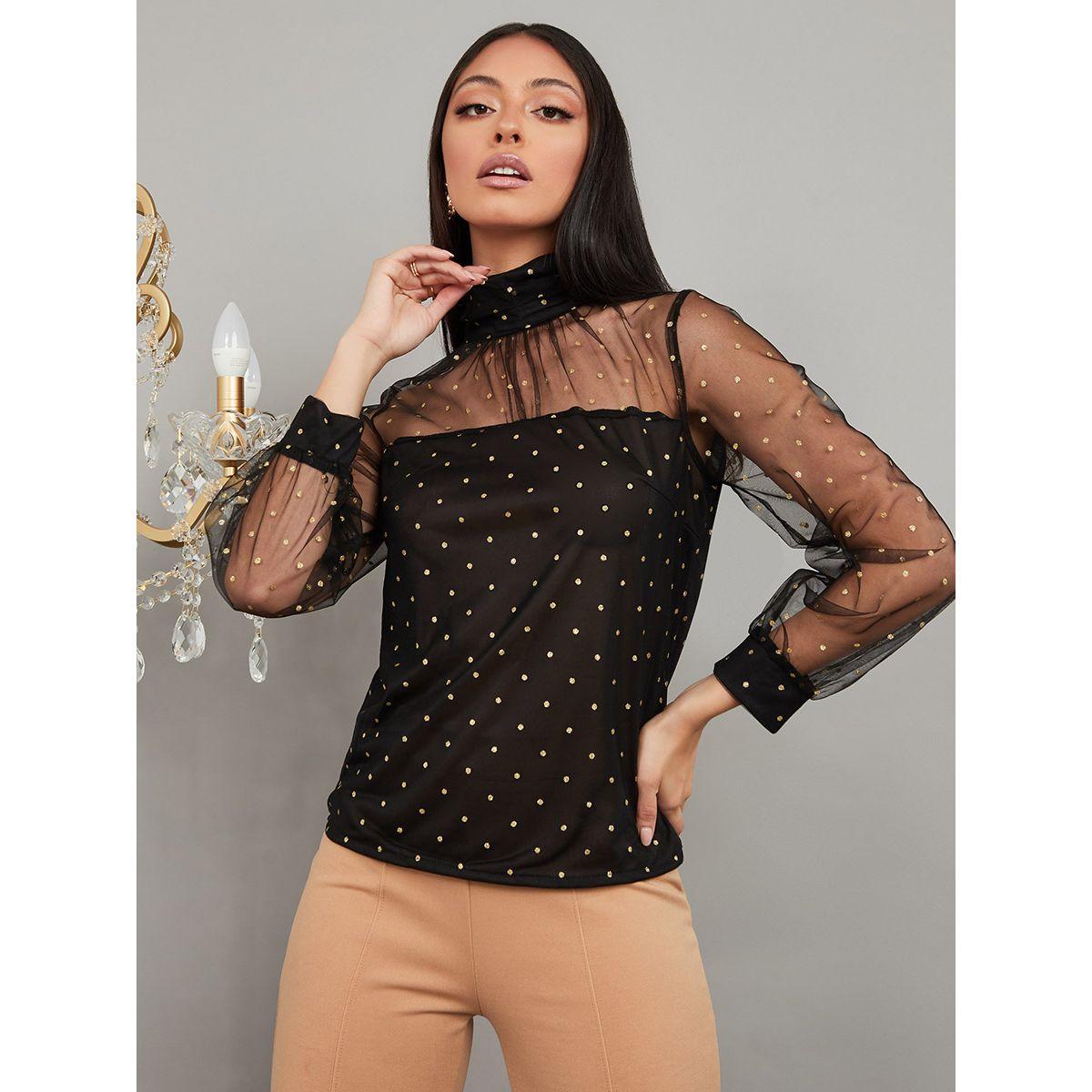 Styli Embellished High Neck Mesh Long Sleeves Knit Top-women-clothing-shirtsandblouses-blouses-image-3