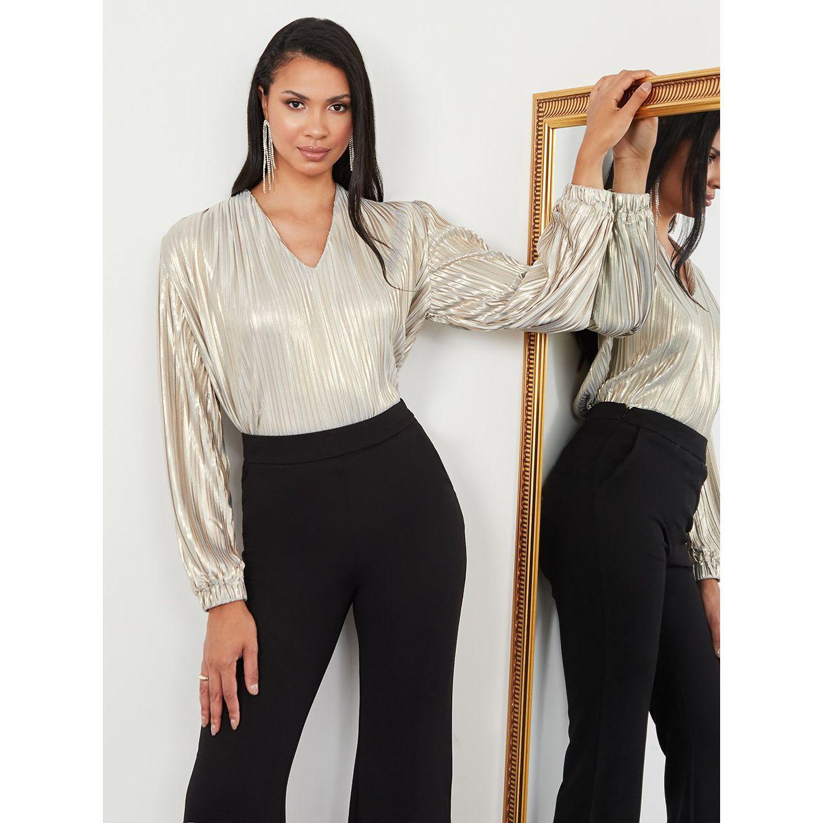 Styli Long Sleeves Metallic Pleated Top with Elastic Cuff Knit-women-clothing-shirtsandblouses-blouses-image-1