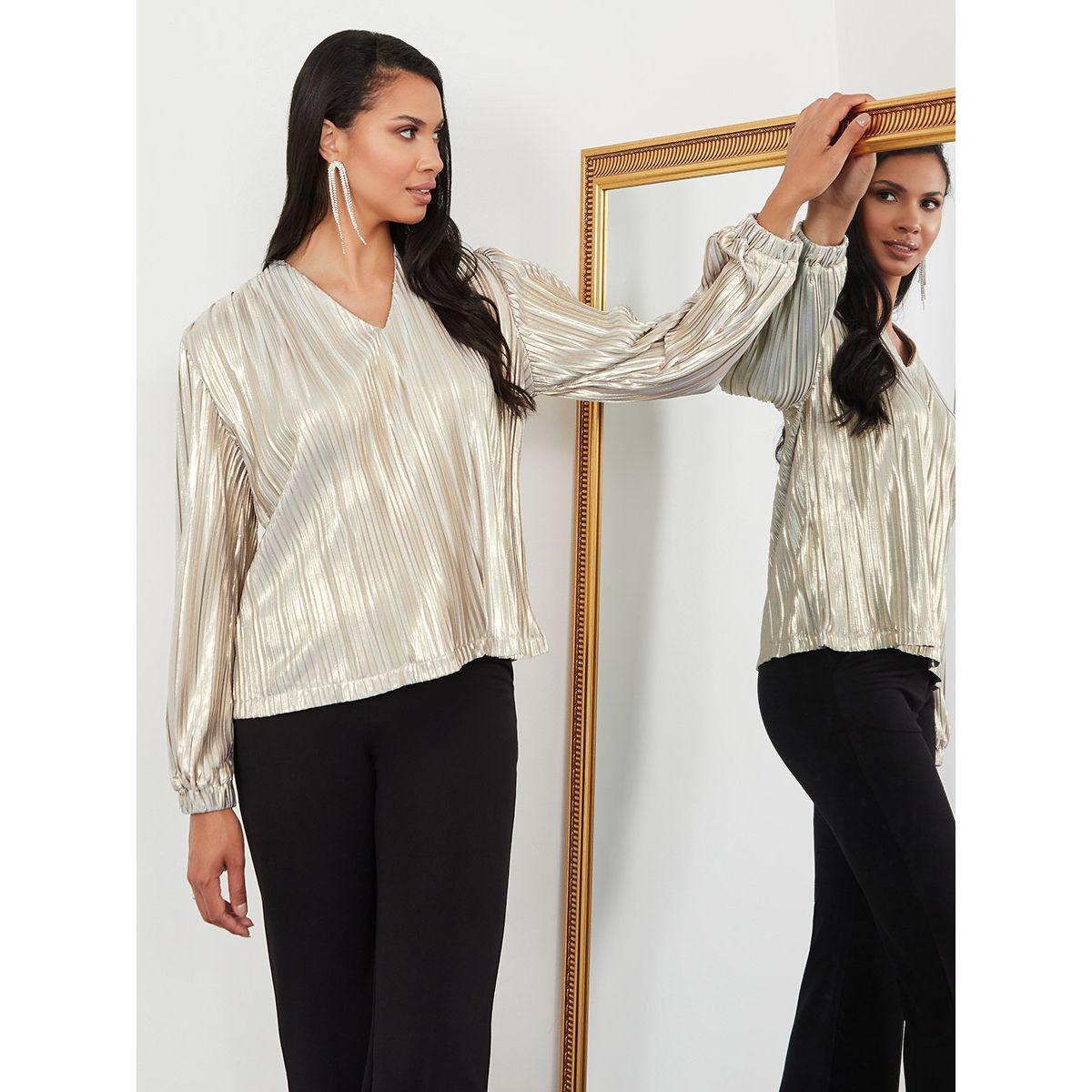 Styli Long Sleeves Metallic Pleated Top with Elastic Cuff Knit-women-clothing-shirtsandblouses-blouses-image-3