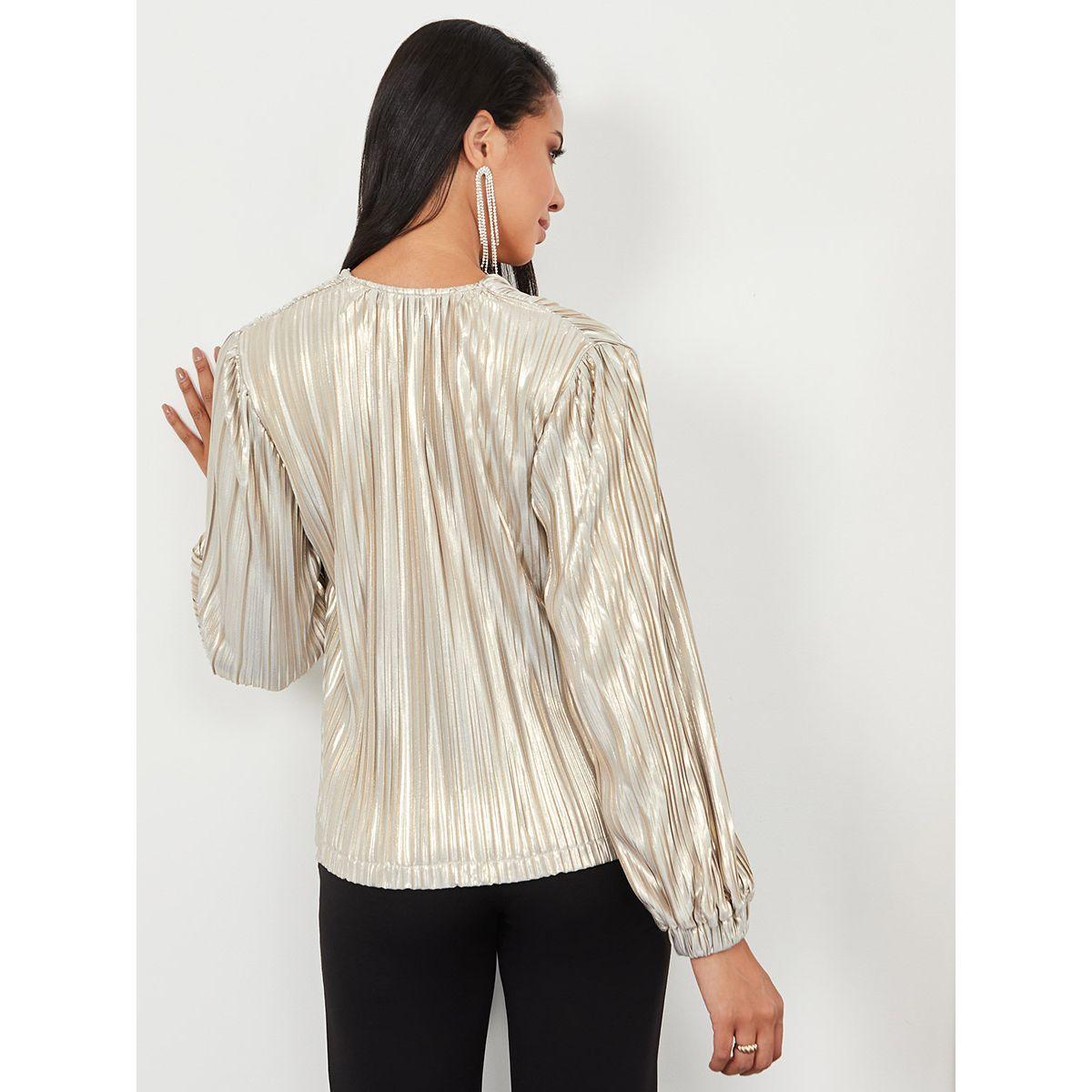 Styli Long Sleeves Metallic Pleated Top with Elastic Cuff Knit-women-clothing-shirtsandblouses-blouses-image-5