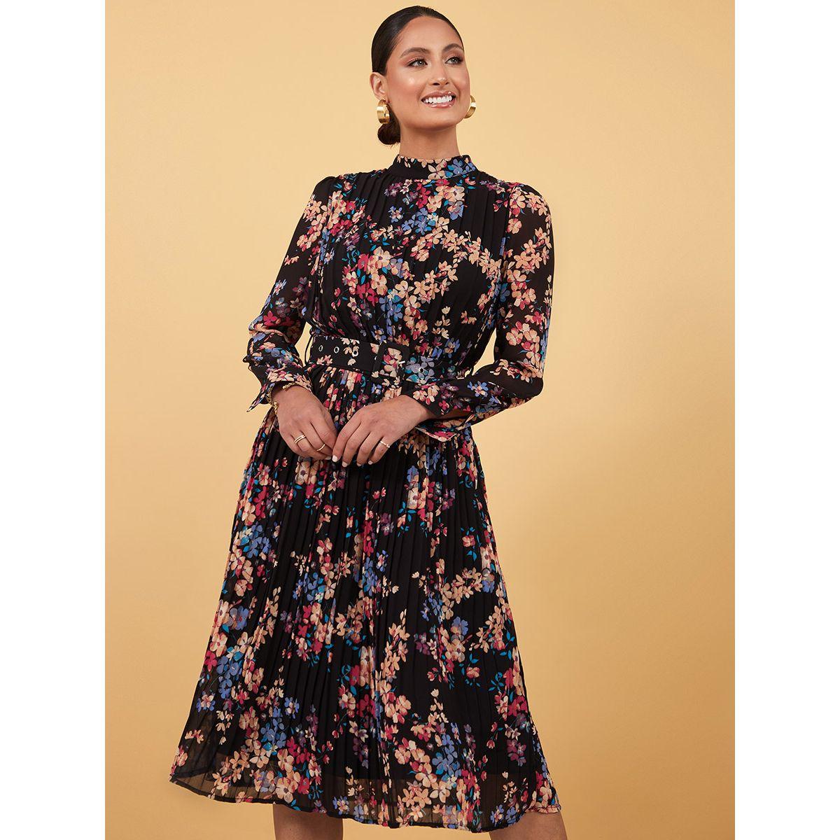 Styli High Neck Floral Print Pleated A-Line Midi Dress with Belt-women-clothing-dresses-image-1