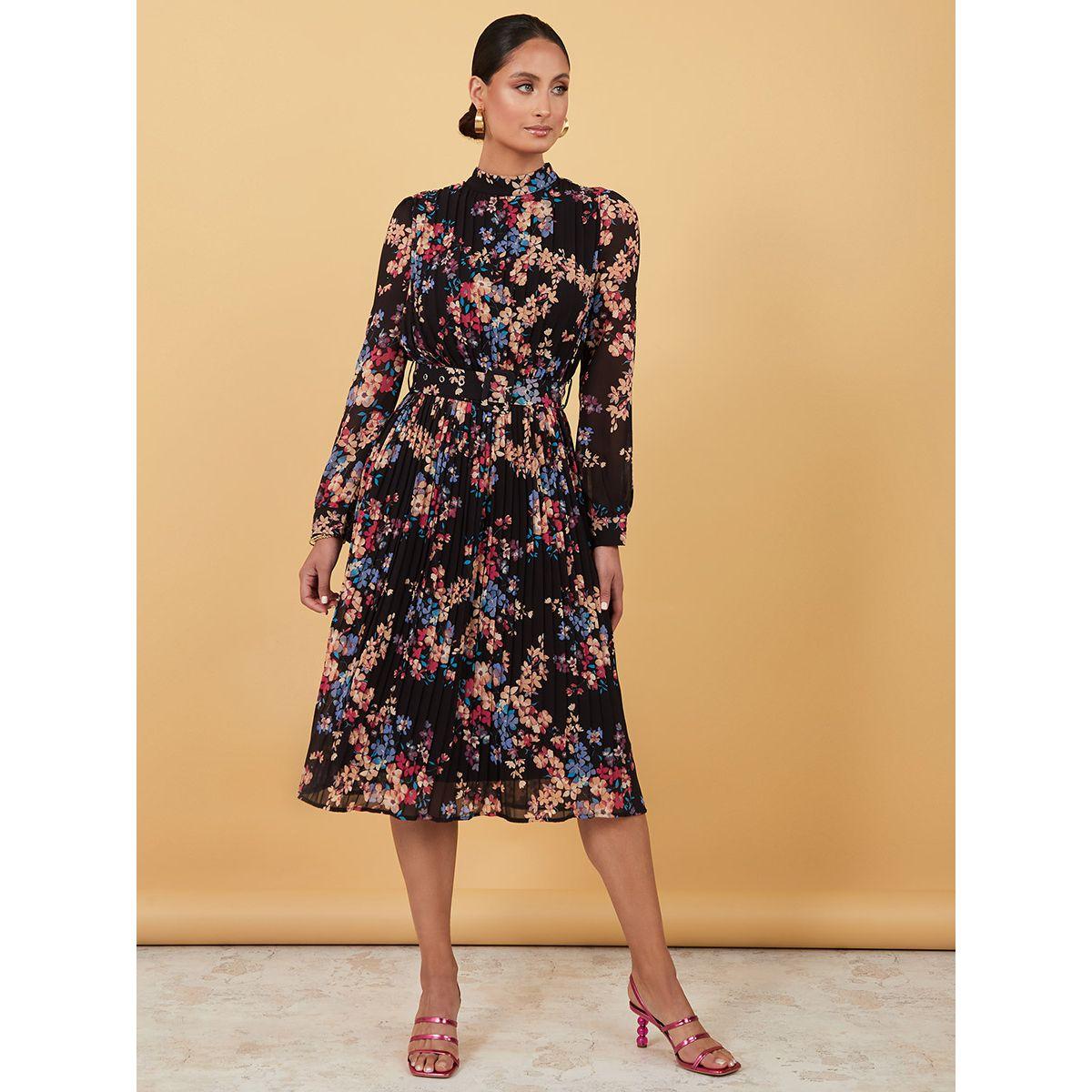 Styli High Neck Floral Print Pleated A-Line Midi Dress with Belt-women-clothing-dresses-image-2
