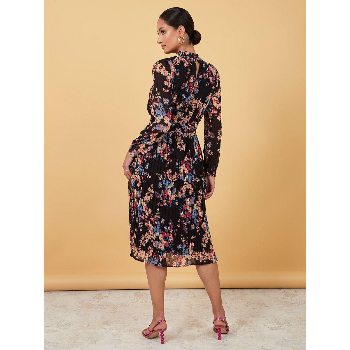 Styli High Neck Floral Print Pleated A-Line Midi Dress with Belt-women-clothing-dresses-image-4