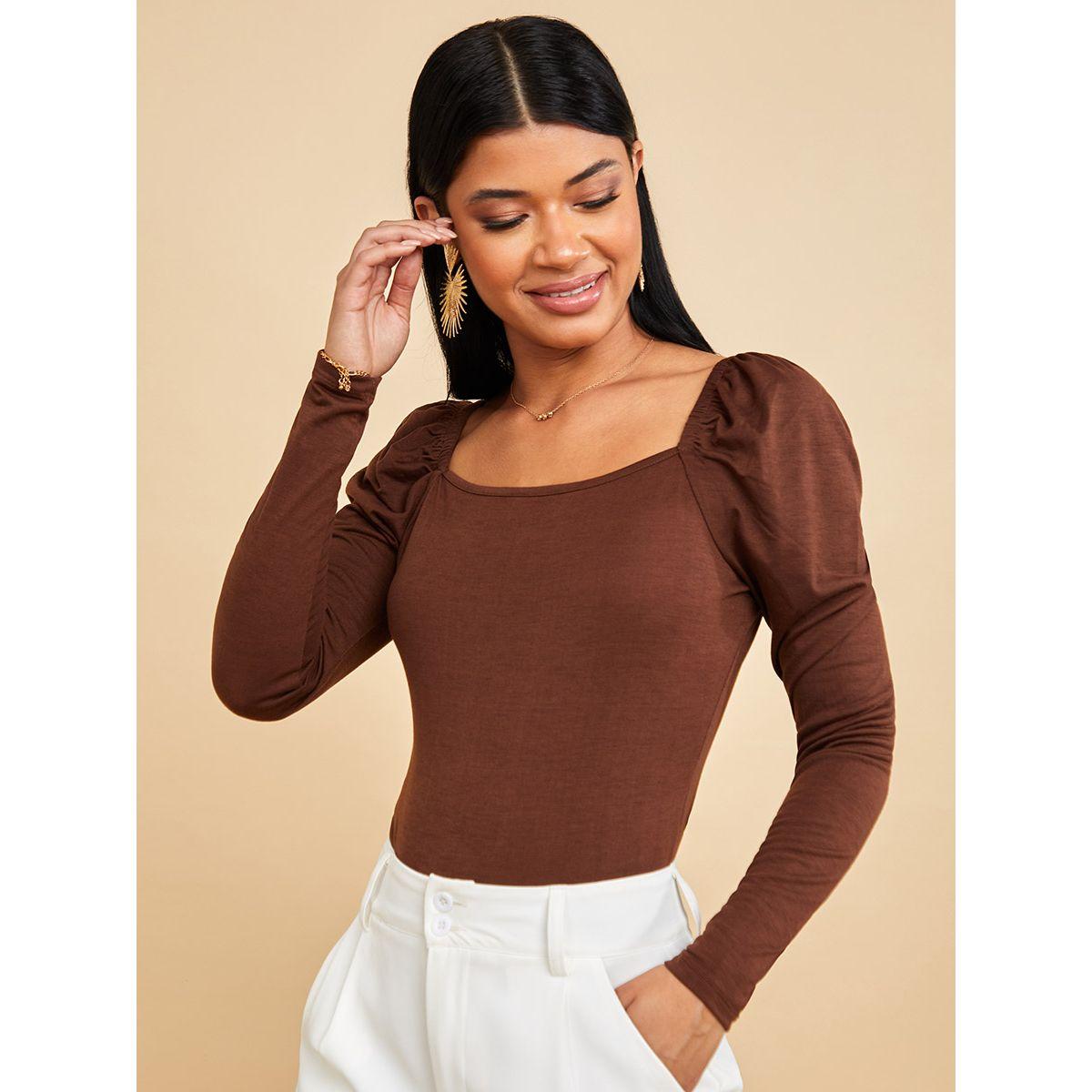 Styli Long Puff Sleeves Solid Square Neck Bodysuit-women-clothing-tshirts-image-1