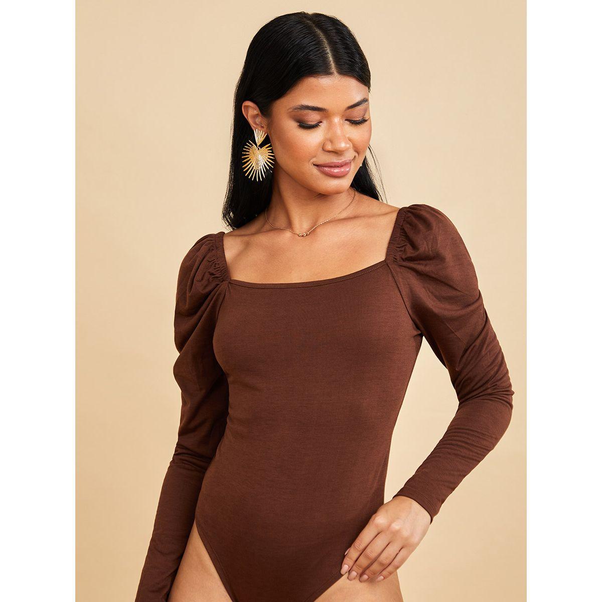 Styli Long Puff Sleeves Solid Square Neck Bodysuit-women-clothing-tshirts-image-2