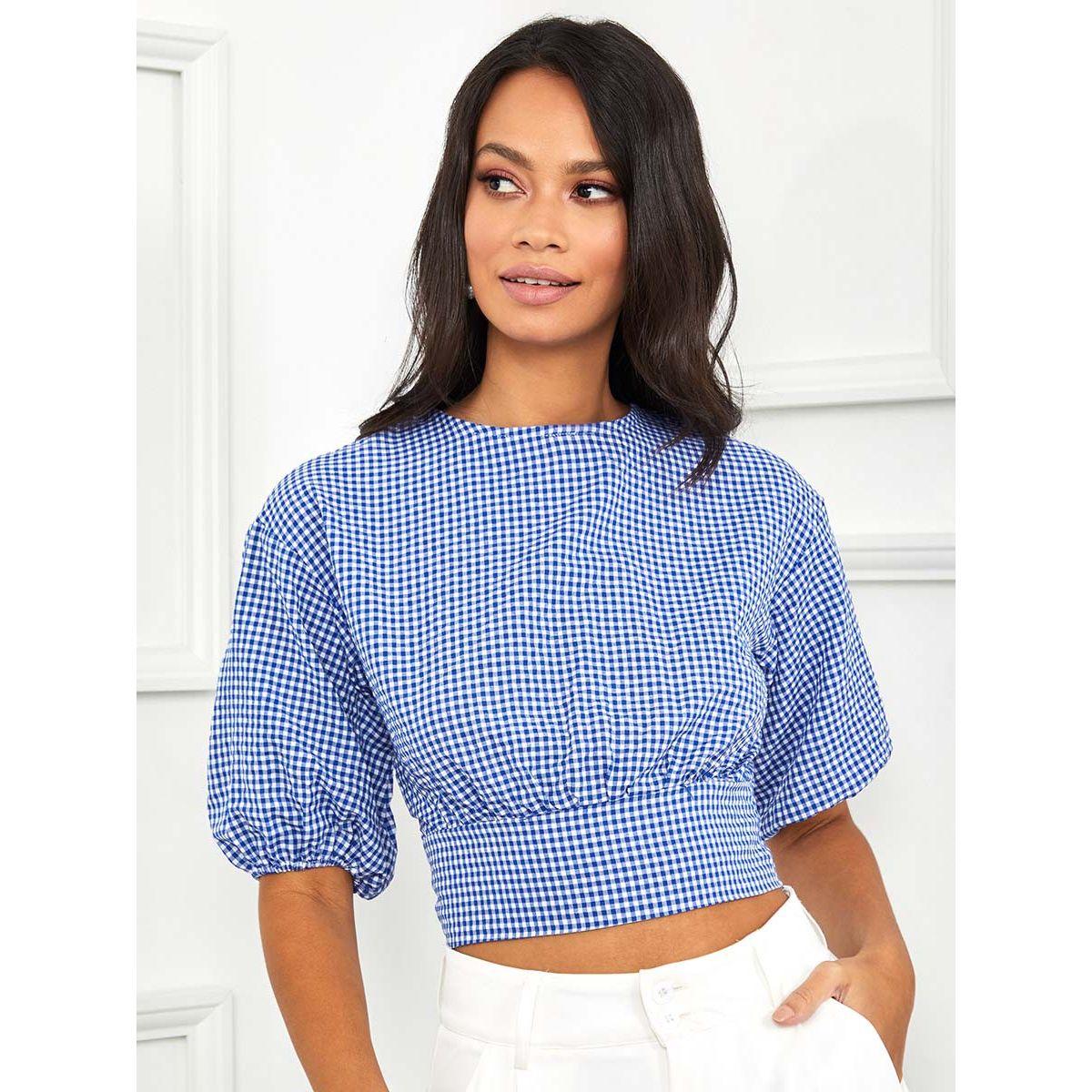 Styli Lantern Sleeves Gingham Check Crop Blouse-women-clothing-shirtsandblouses-blouses-image-3