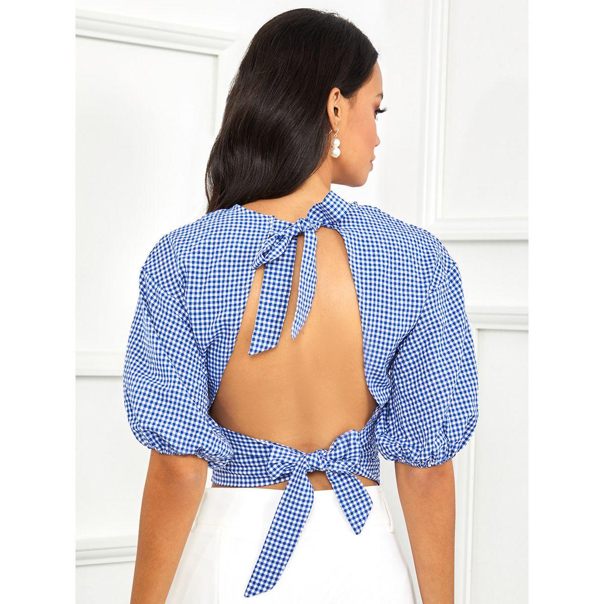 Styli Lantern Sleeves Gingham Check Crop Blouse-women-clothing-shirtsandblouses-blouses-image-5