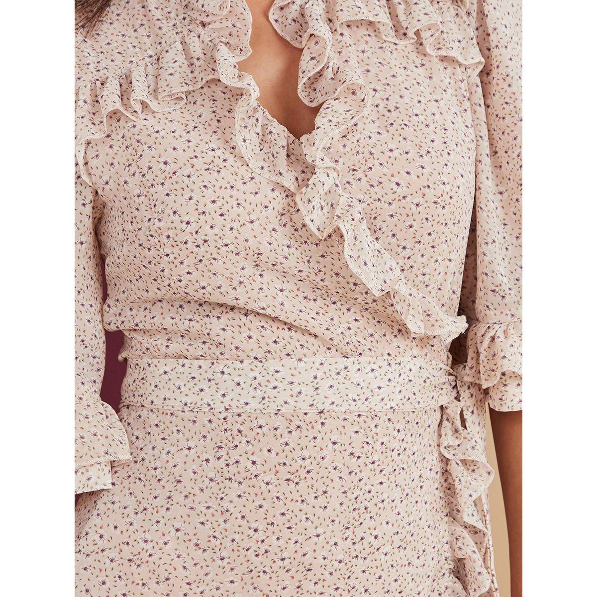 Styli 3/4 Sleeves V Neck Ditsy Print Ruffle Detail Wrap Midi Dress-women-clothing-dresses-image-3