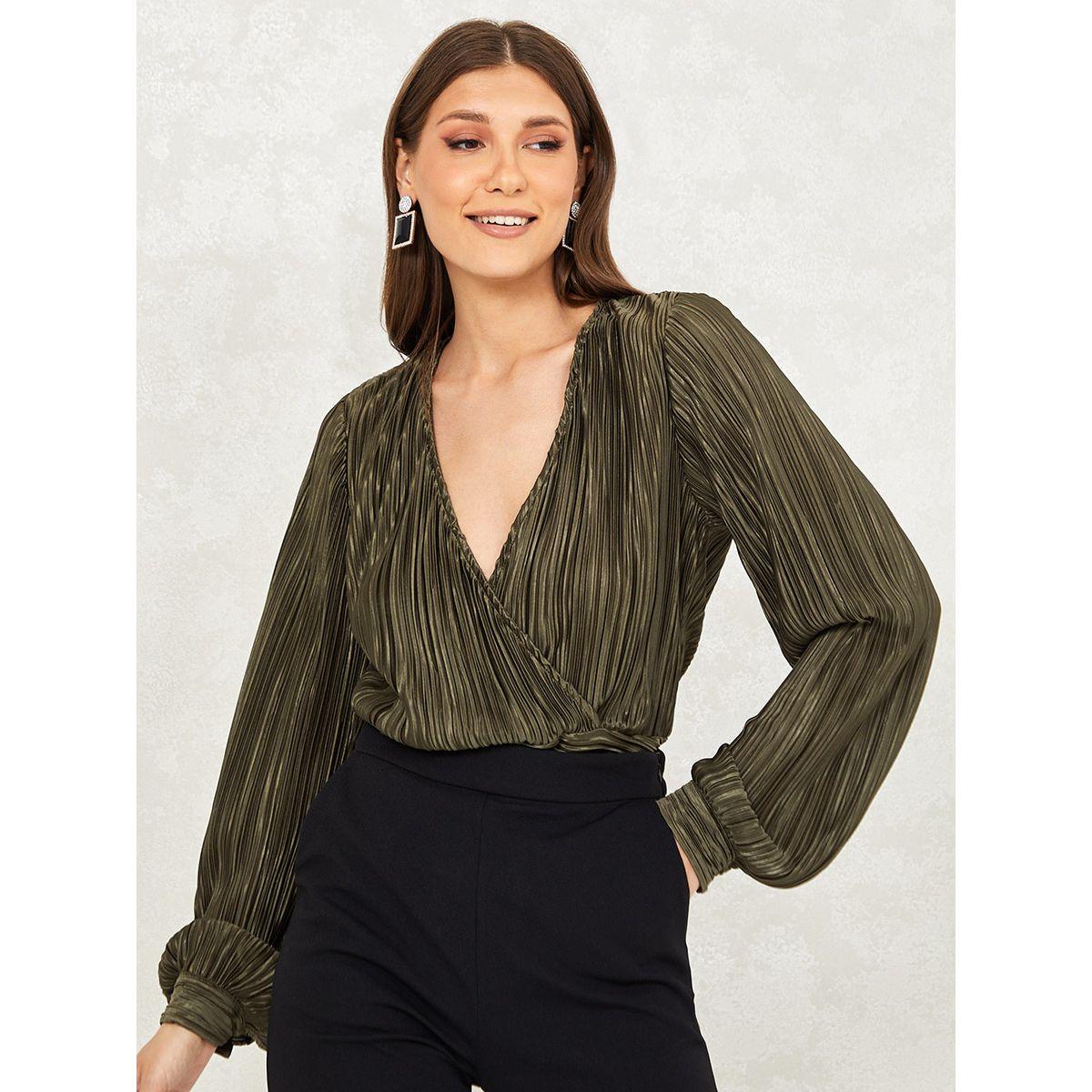 Styli Metallic Pleated Wrap Front Top with Fitted Waistband-women-clothing-shirtsandblouses-blouses-image-1