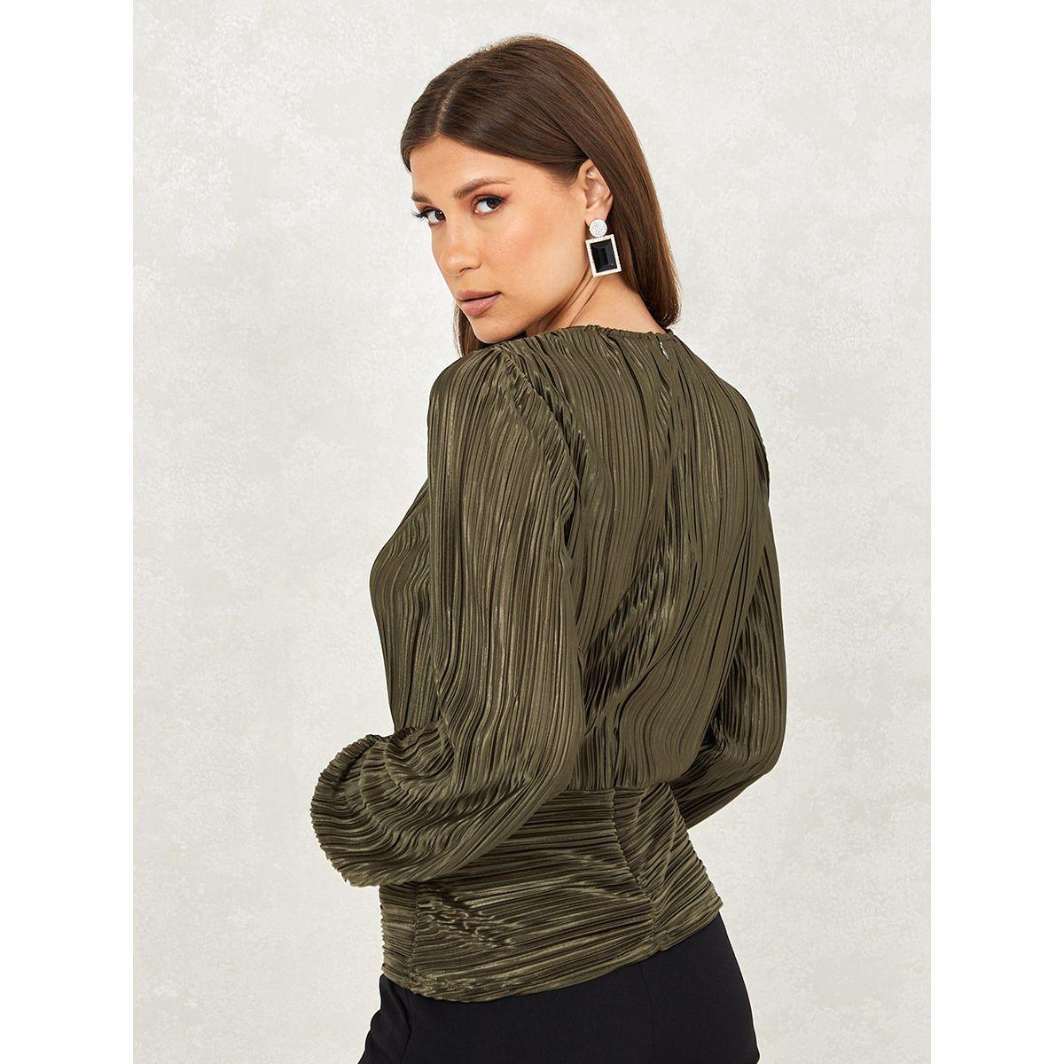 Styli Metallic Pleated Wrap Front Top with Fitted Waistband-women-clothing-shirtsandblouses-blouses-image-5