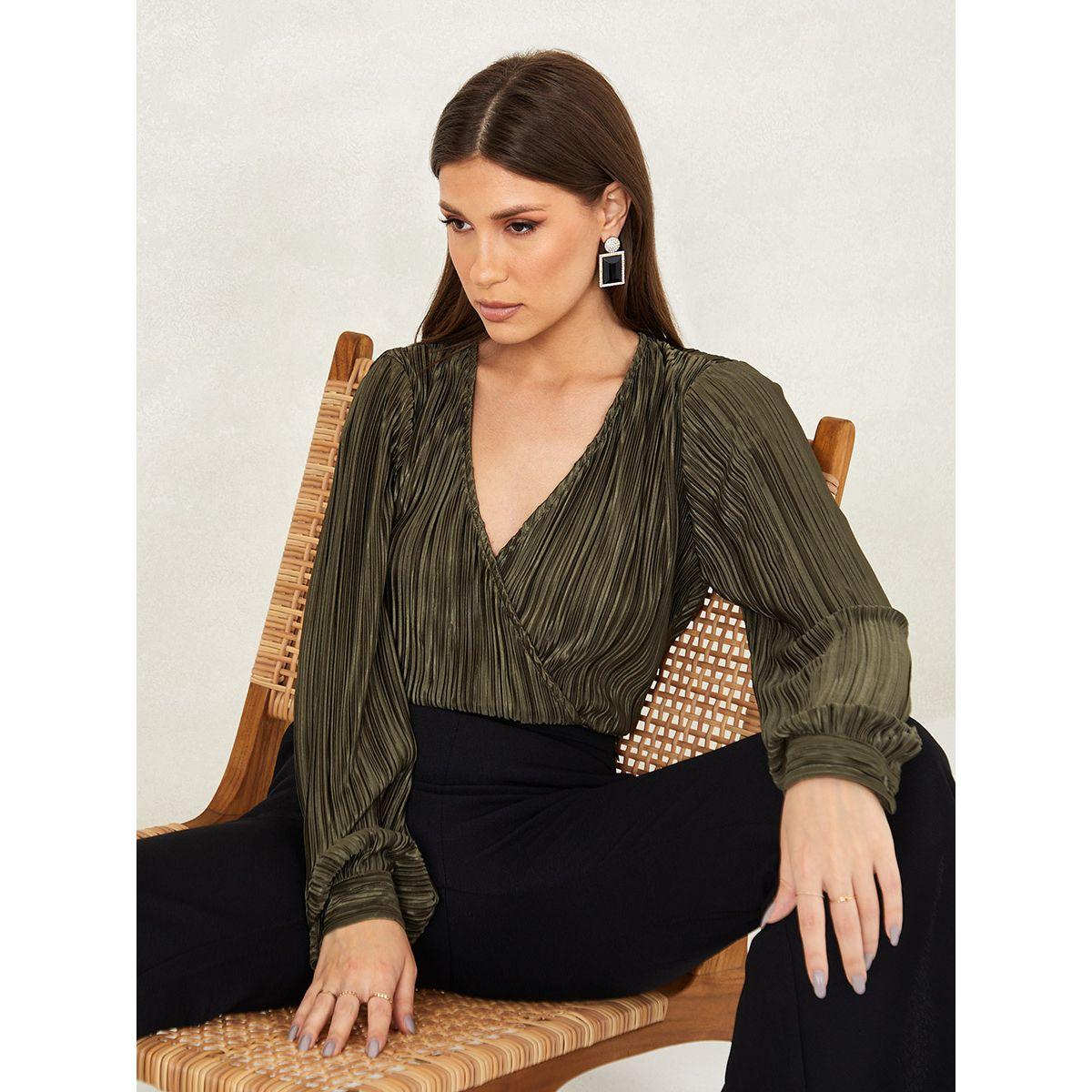 Styli Metallic Pleated Wrap Front Top with Fitted Waistband-women-clothing-shirtsandblouses-blouses-image-6