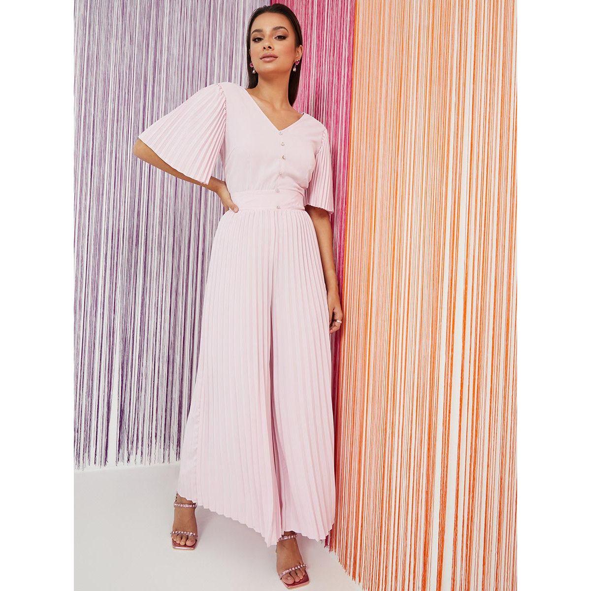 Styli Premium Pleated Detail Wide Leg Jumpsuit with Crystal Button-women-clothing-jumpsuits-image-1