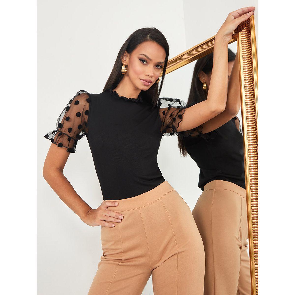 Styli Sheer Flocked Puff Sleeves Ribbed Top-women-clothing-shirtsandblouses-blouses-image-1