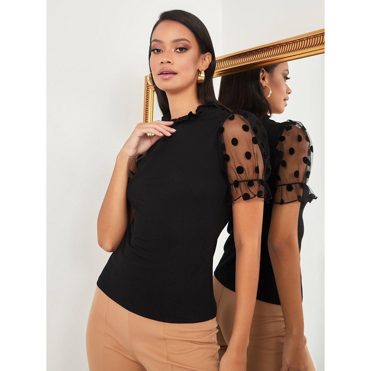 Styli Sheer Flocked Puff Sleeves Ribbed Top-women-clothing-shirtsandblouses-blouses-image-3